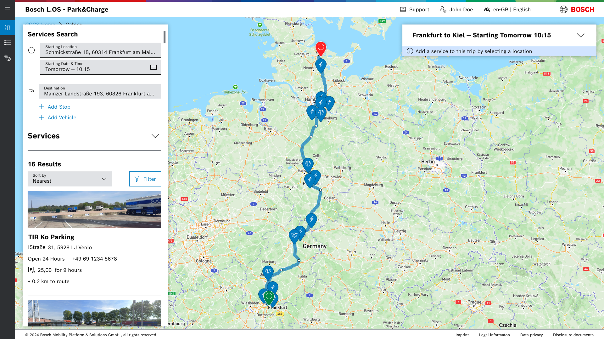 A map over northern Germany with a route line from Frankfurt, Germany to Kiel, Denmark